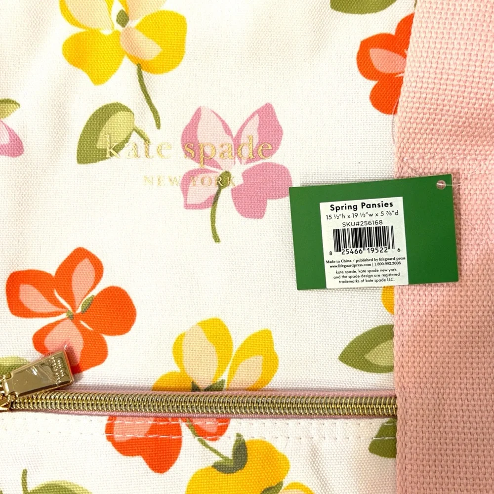 Kate Spade Cooler Tote Bag Spring Pansies Pink Pattern Zip Top 15.5 X 19.5 NWT
